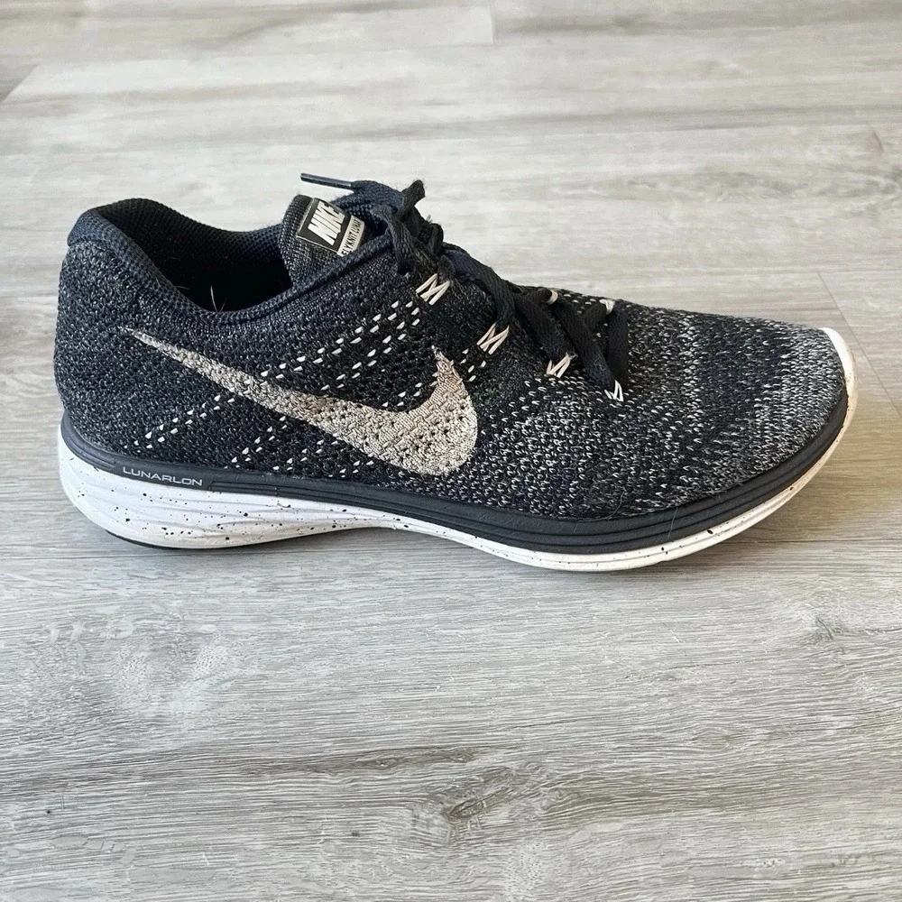 Nike Flyknit Lunar 3 Running Shoes Mens 9 Black White Lunarlon Sneakers